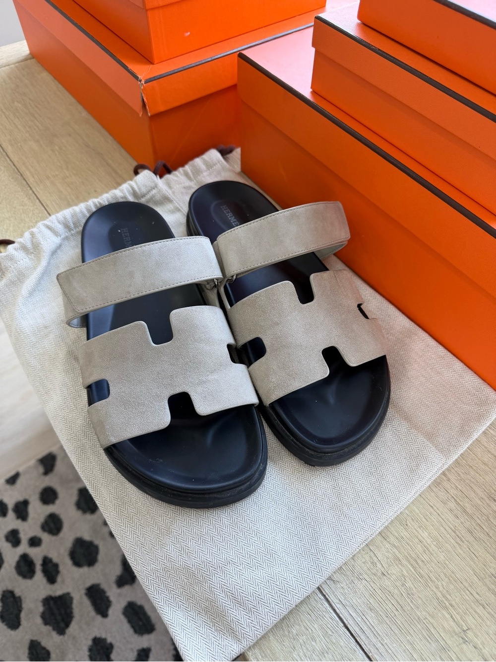 Hermes Men's Suede Double-Strap Slide Sandals in Beige and Black